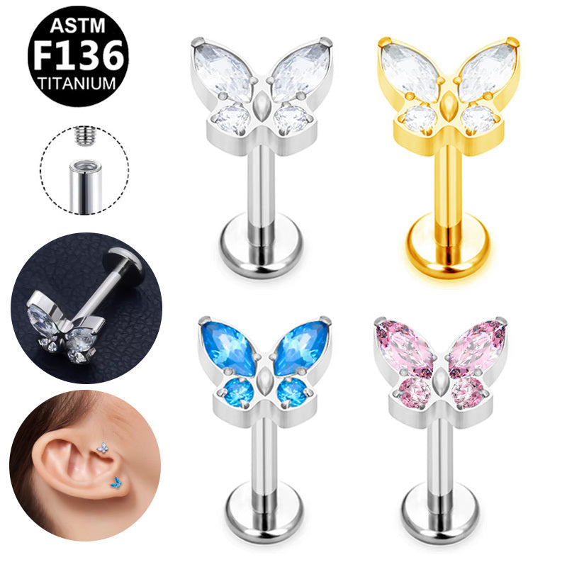 ASTM F136 Titanium 16G Internal Thread Labret Stud Marquise Round Colored CZ Butterfly Hypoallergenic Piercing Jewelry