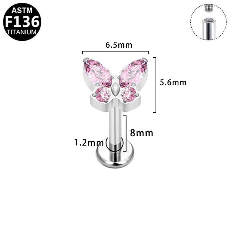 ASTM F136 Titanium 16G Internal Thread Labret Stud Marquise Round Colored CZ Butterfly Hypoallergenic Piercing Jewelry
