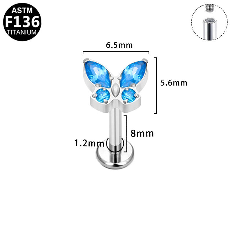 ASTM F136 Titanium 16G Internal Thread Labret Stud Marquise Round Colored CZ Butterfly Hypoallergenic Piercing Jewelry