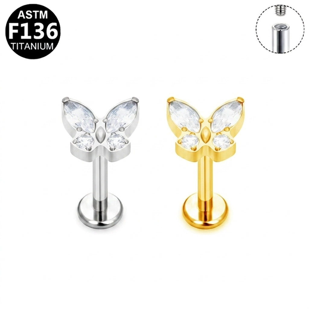 ASTM F136 Titanium 16G Internal Thread Labret Stud Mixed Cut Multi-Color Gem Butterfly Hypoallergenic Piercing Jewelry
