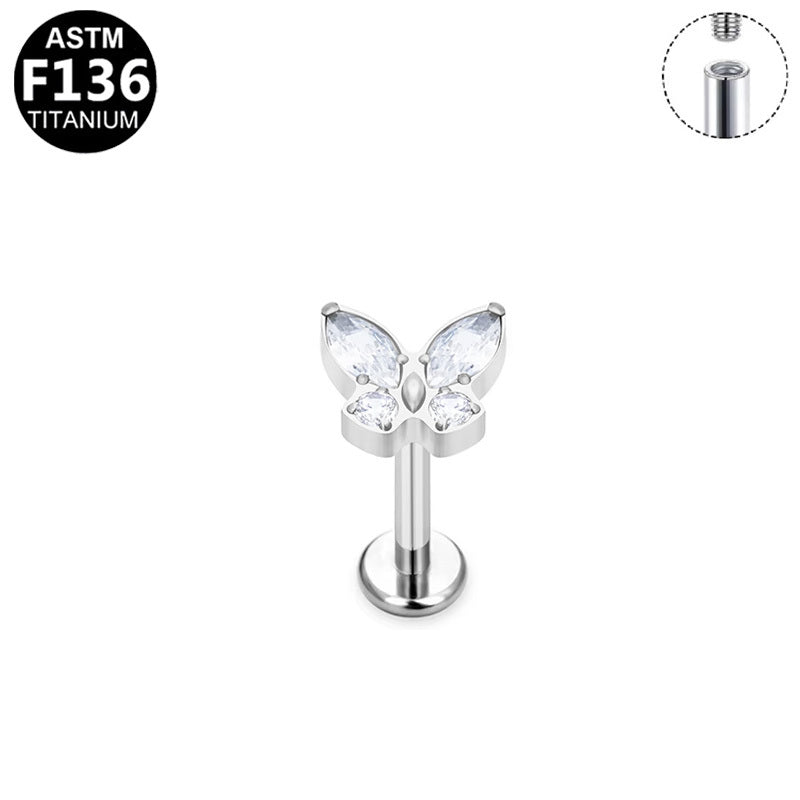 ASTM F136 Titanium 16G Internal Thread Labret Stud Mixed Cut Multi-Color Gem Butterfly Hypoallergenic Piercing Jewelry