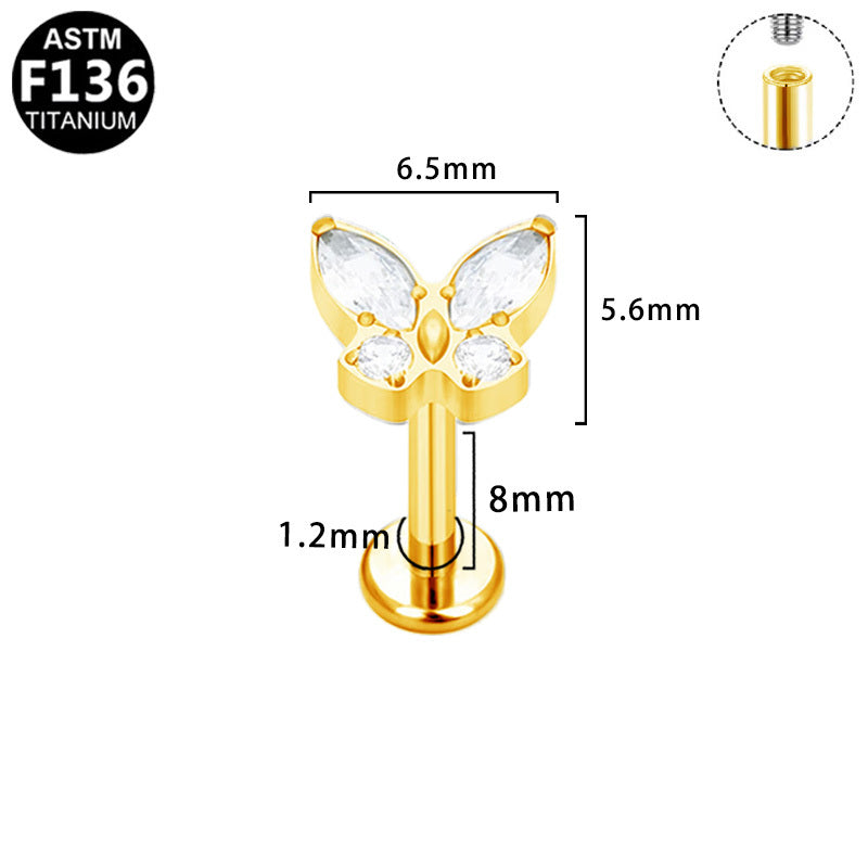 ASTM F136 Titanium 16G Internal Thread Labret Stud Mixed Cut Multi-Color Gem Butterfly Hypoallergenic Piercing Jewelry