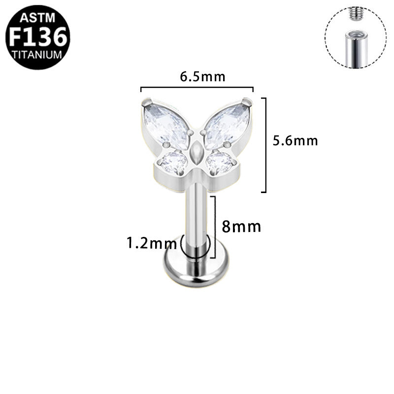 ASTM F136 Titanium 16G Internal Thread Labret Stud Mixed Cut Multi-Color Gem Butterfly Hypoallergenic Piercing Jewelry