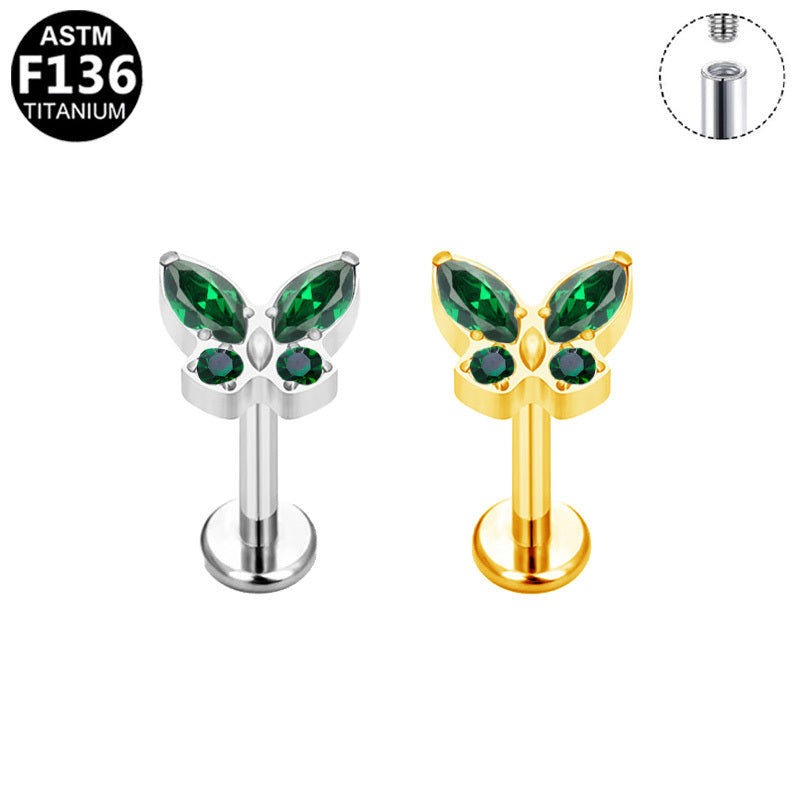 ASTM F136 Titanium 16G Internal Thread Labret Stud Marquise Round Emerald Green CZ Butterfly Hypoallergenic Piercing Jewelry