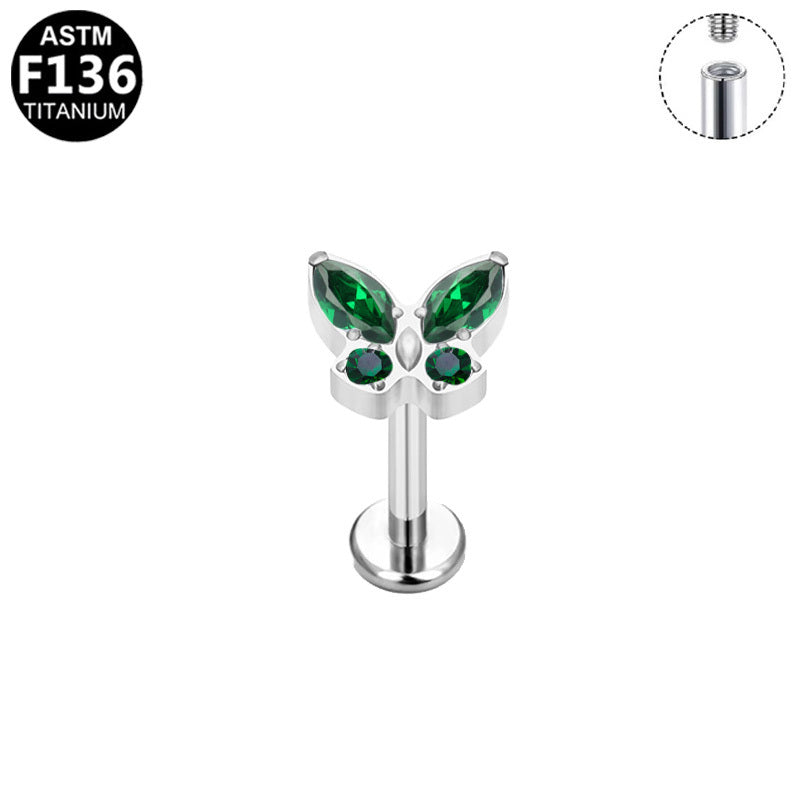 ASTM F136 Titanium 16G Internal Thread Labret Stud Marquise Round Emerald Green CZ Butterfly Hypoallergenic Piercing Jewelry