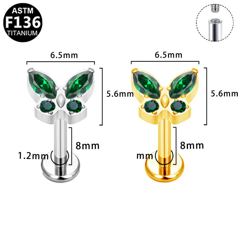 ASTM F136 Titanium 16G Internal Thread Labret Stud Marquise Round Emerald Green CZ Butterfly Hypoallergenic Piercing Jewelry