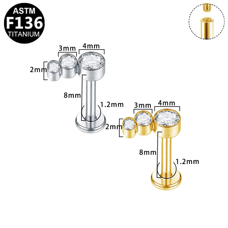 ASTM F136 Titanium 16G Internal Thread Labret Stud Three Size Graduated Bezel Round CZ Helix Cartilage  Hypoallergenic Piercing Jewelry