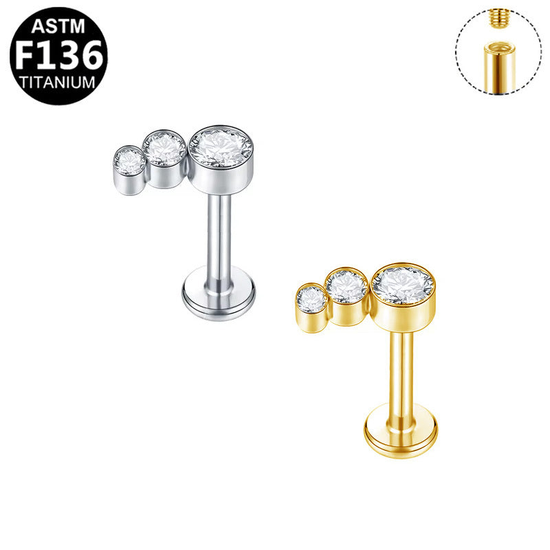 ASTM F136 Titanium 16G Internal Thread Labret Stud Three Size Graduated Bezel Round CZ Helix Cartilage  Hypoallergenic Piercing Jewelry