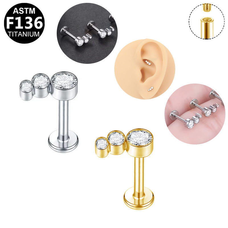 ASTM F136 Titanium 16G Internal Thread Labret Stud Three Size Graduated Bezel Round CZ Helix Cartilage  Hypoallergenic Piercing Jewelry