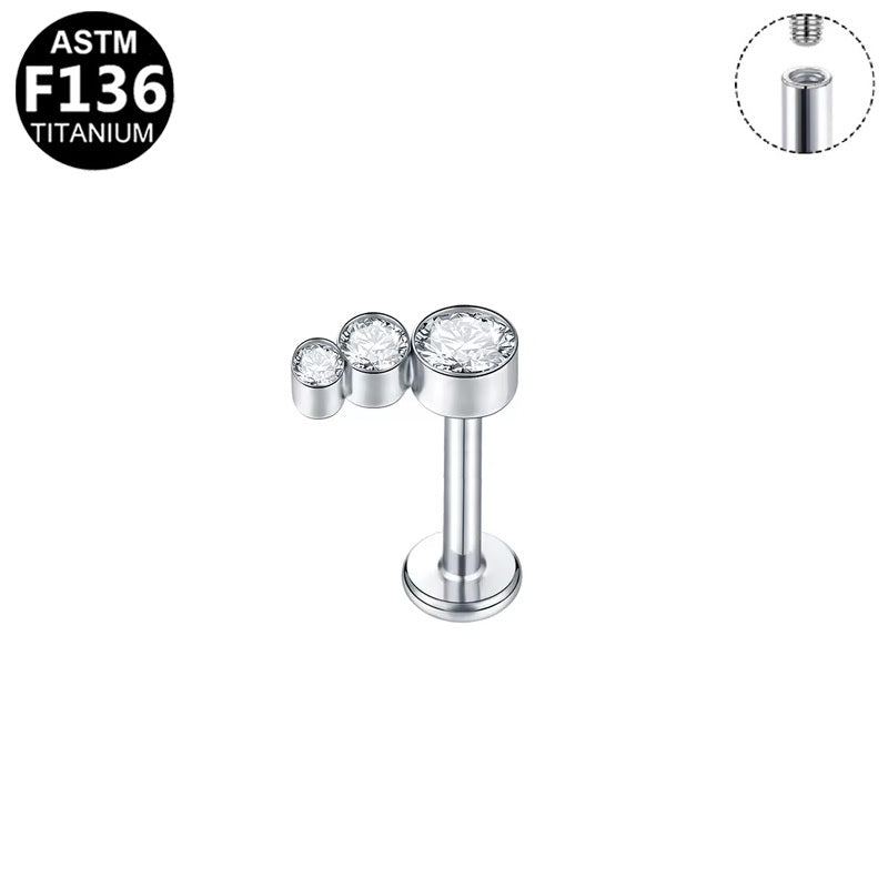 ASTM F136 Titanium 16G Internal Thread Labret Stud Three Size Graduated Bezel Round CZ Helix Cartilage  Hypoallergenic Piercing Jewelry