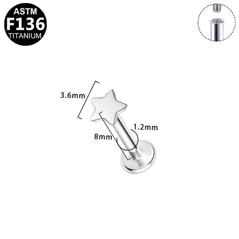 ASTM F136 Titanium 16G Internal Thread Labret Stud Star Labret Stud Hypoallergenic Piercing Jewelry