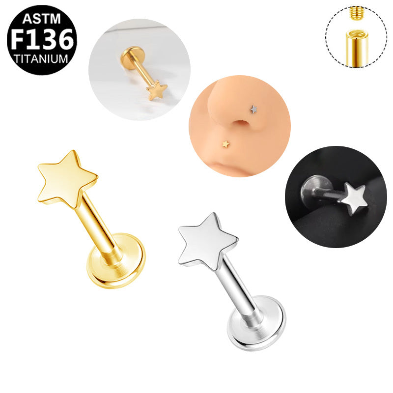 ASTM F136 Titanium 16G Internal Thread Labret Stud Star Labret Stud Hypoallergenic Piercing Jewelry