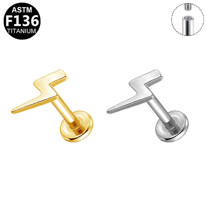 ASTM F136 Titanium 16G Lightning Bolt Internal Thread Labret Stud Flat Back CZ Hypoallergenic Piercing Jewelry