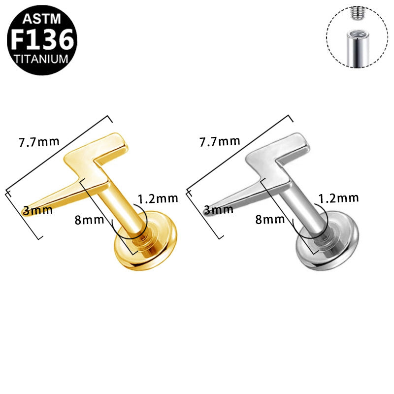 ASTM F136 Titanium 16G Lightning Bolt Internal Thread Labret Stud Flat Back CZ Hypoallergenic Piercing Jewelry