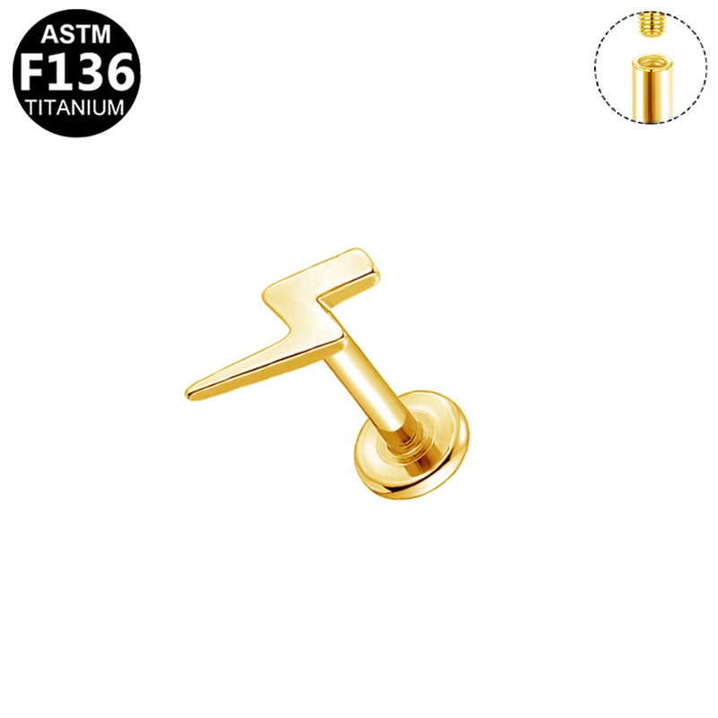 ASTM F136 Titanium 16G Lightning Bolt Internal Thread Labret Stud Flat Back CZ Hypoallergenic Piercing Jewelry