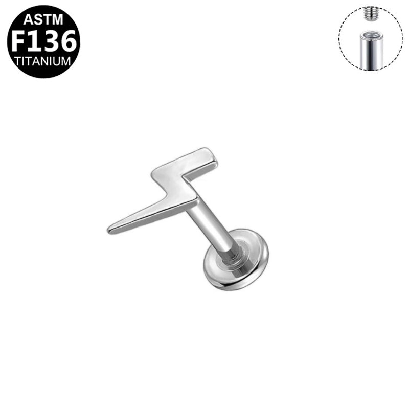ASTM F136 Titanium 16G Lightning Bolt Internal Thread Labret Stud Flat Back CZ Hypoallergenic Piercing Jewelry