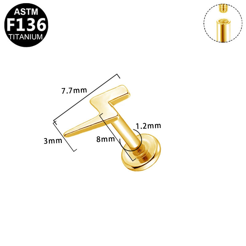 ASTM F136 Titanium 16G Lightning Bolt Internal Thread Labret Stud Flat Back CZ Hypoallergenic Piercing Jewelry