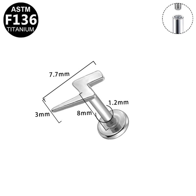 ASTM F136 Titanium 16G Lightning Bolt Internal Thread Labret Stud Flat Back CZ Hypoallergenic Piercing Jewelry