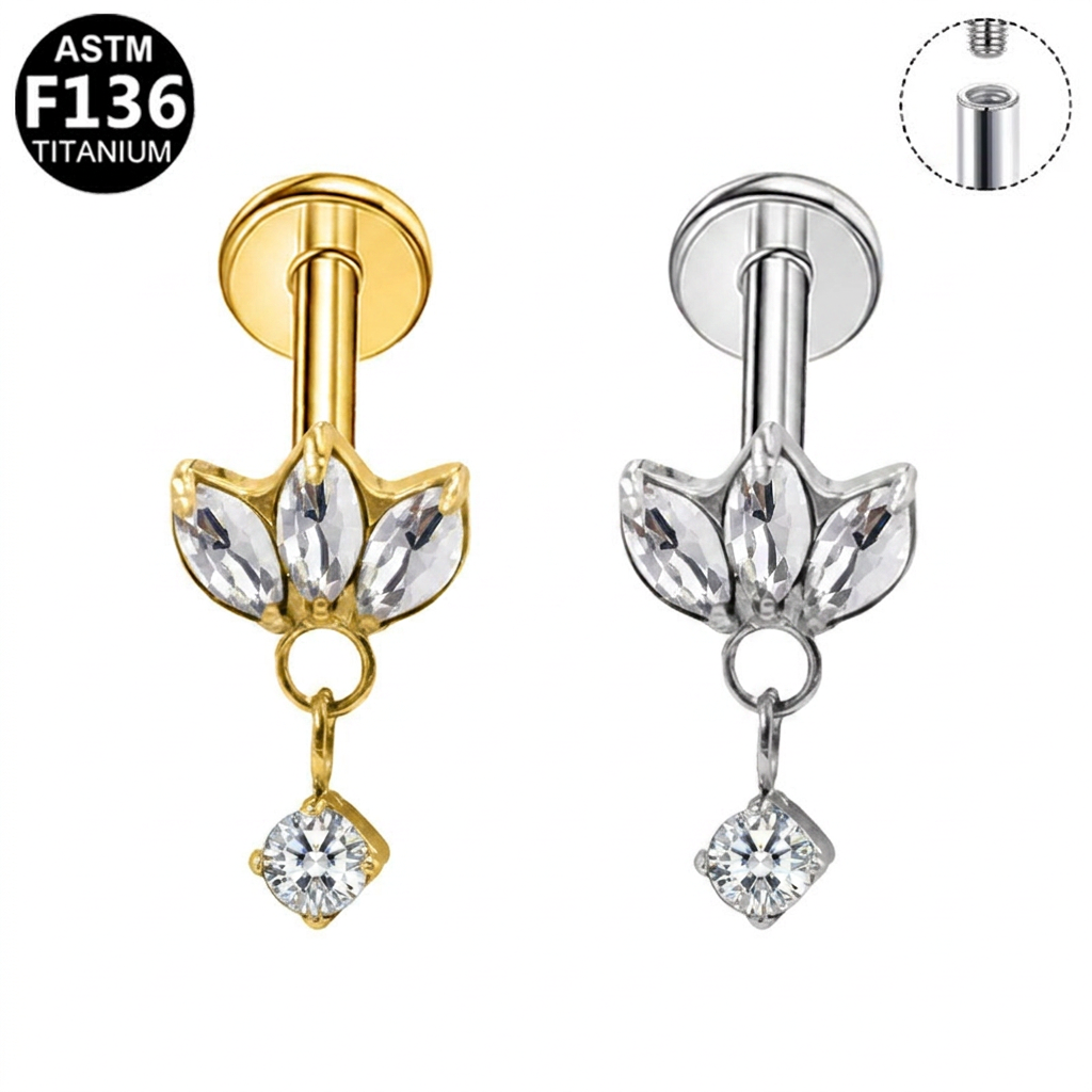 Gaby Jewelry ASTM F136 Titanium 16G Internal Thread Labret Lotus Dangle Zircon  StudHypoallergenic Piercing Jewelry