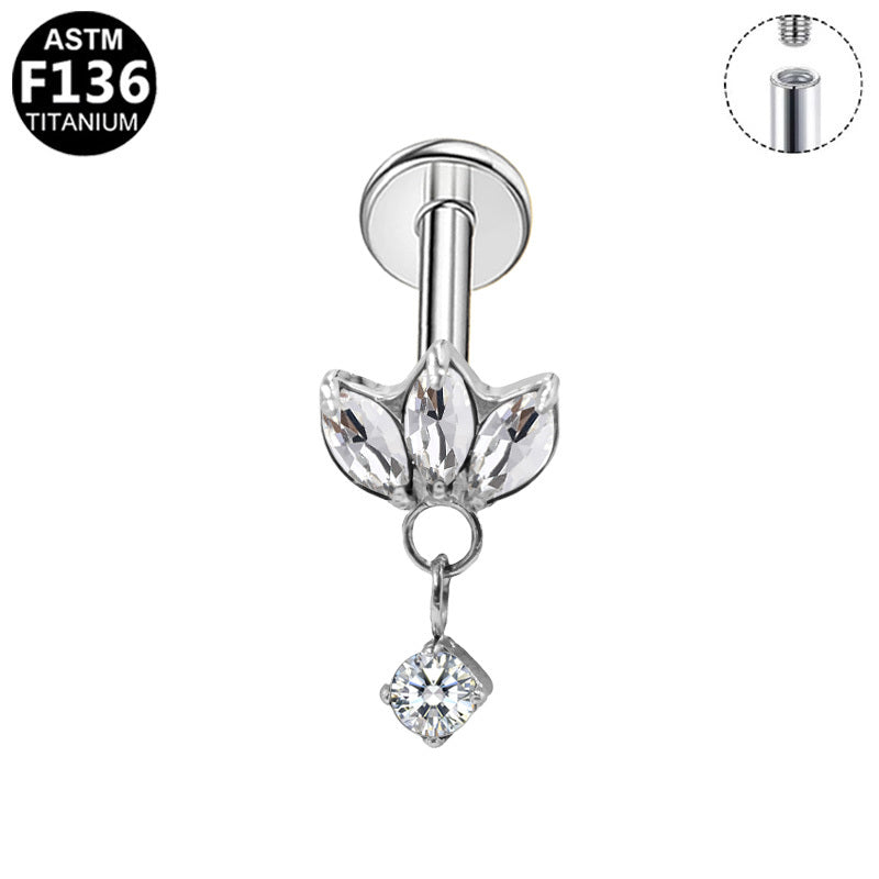 Gaby Jewelry ASTM F136 Titanium 16G Internal Thread Labret Lotus Dangle Zircon  StudHypoallergenic Piercing Jewelry