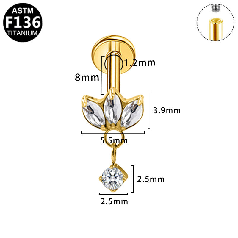 Gaby Jewelry ASTM F136 Titanium 16G Internal Thread Labret Lotus Dangle Zircon  StudHypoallergenic Piercing Jewelry