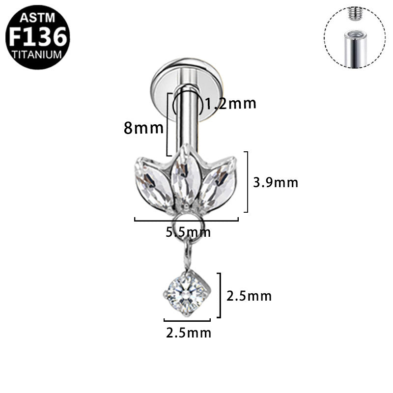Gaby Jewelry ASTM F136 Titanium 16G Internal Thread Labret Lotus Dangle Zircon  StudHypoallergenic Piercing Jewelry