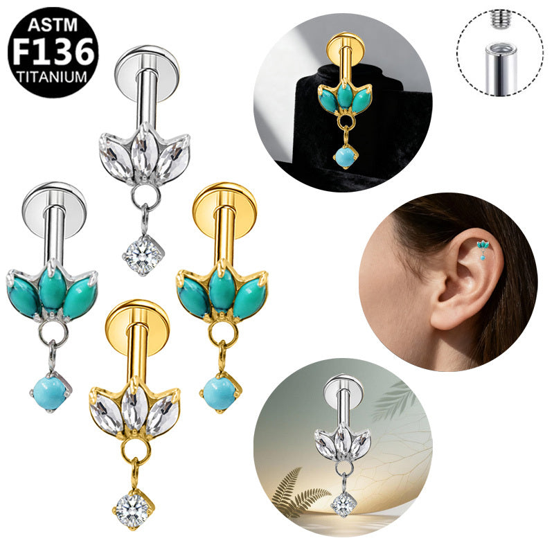 Gaby Jewelry ASTM F136 Titanium 16G Internal Thread Labret Lotus Dangle Zircon  StudHypoallergenic Piercing Jewelry