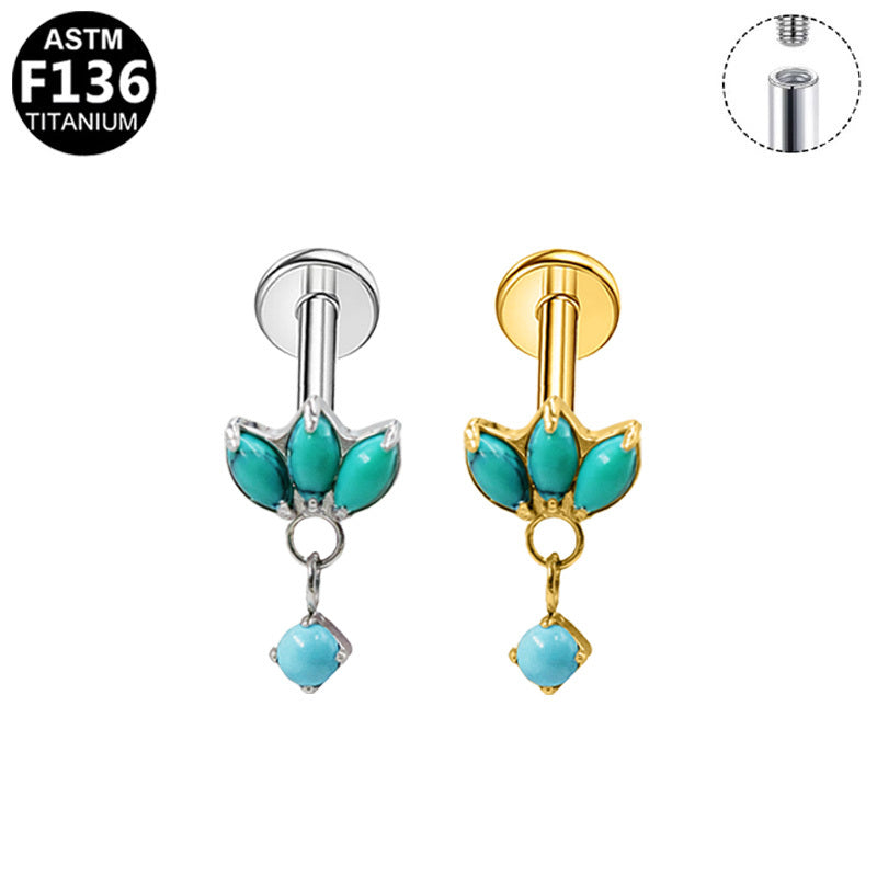 Gaby Jewelry ASTM F136 Titanium 16G Internal Thread Labret Lotus Shape Turquoise Dangle Ear Stud Hypoallergenic Piercing Jewelry