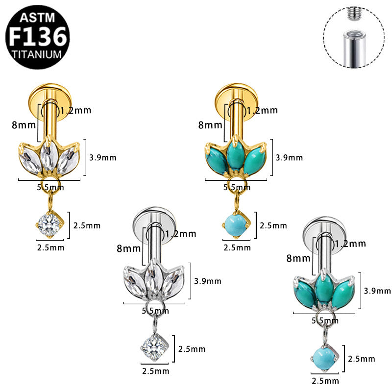 Gaby Jewelry ASTM F136 Titanium 16G Internal Thread Labret Lotus Shape Turquoise Dangle Ear Stud Hypoallergenic Piercing Jewelry