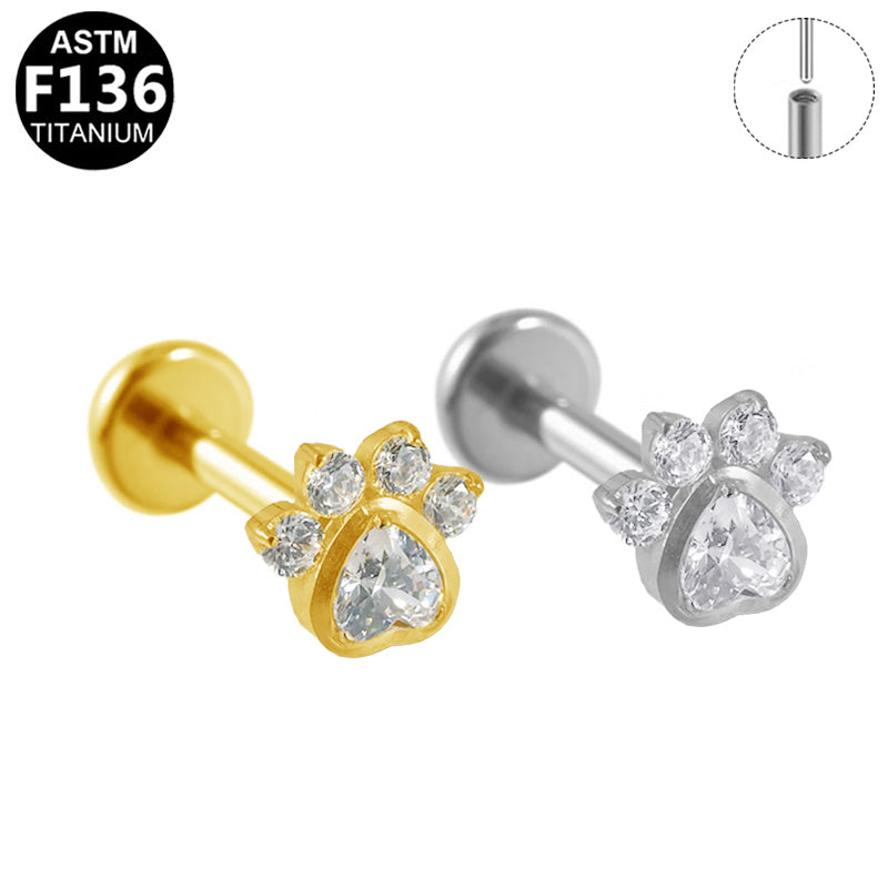 Gaby Jewelry ASTM F136 Titanium 16G Heart Paw Threadless Labret Stud Flat Back Cartilage Tragus Piercing Jewelry