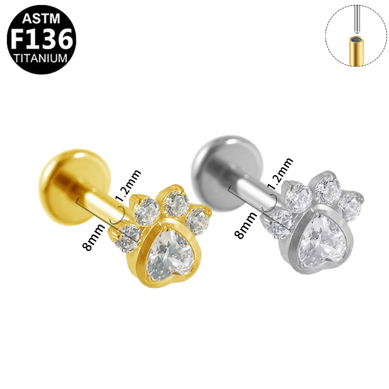 Gaby Jewelry ASTM F136 Titanium 16G Heart Paw Threadless Labret Stud Flat Back Cartilage Tragus Piercing Jewelry