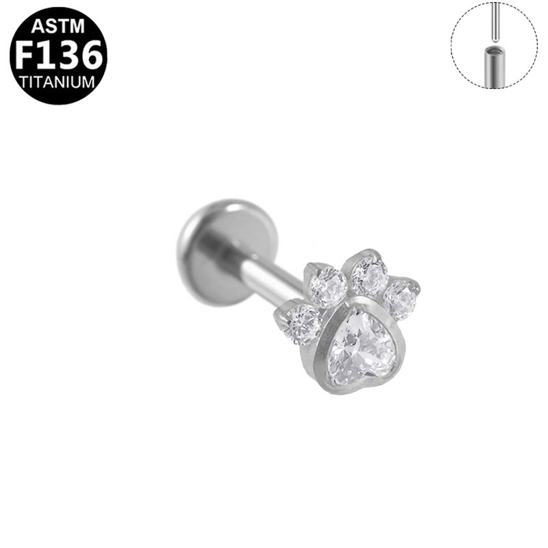 Gaby Jewelry ASTM F136 Titanium 16G Heart Paw Threadless Labret Stud Flat Back Cartilage Tragus Piercing Jewelry