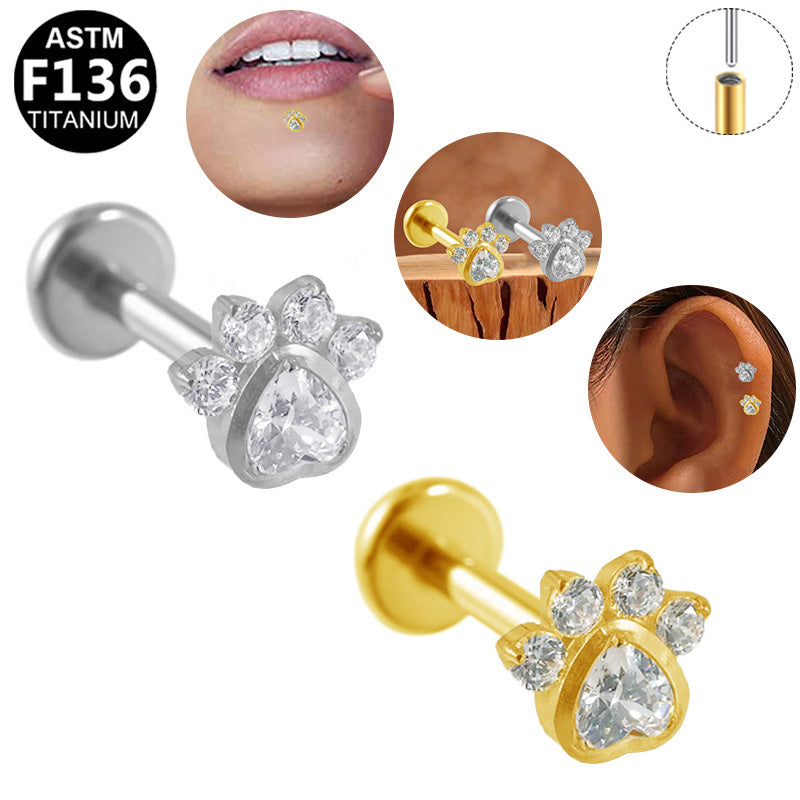 Gaby Jewelry ASTM F136 Titanium 16G Heart Paw Threadless Labret Stud Flat Back Cartilage Tragus Piercing Jewelry