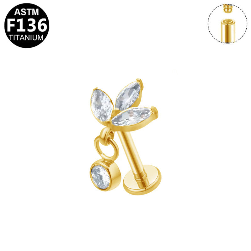 Gaby Jewelry ASTM F136 Titanium Internal Thread Labret Stud 3 Marquise CZ Leaf Dangle Round Zircon Flat Back Cartilage Earring Piercing Jewelry for Helix Tragus Lip