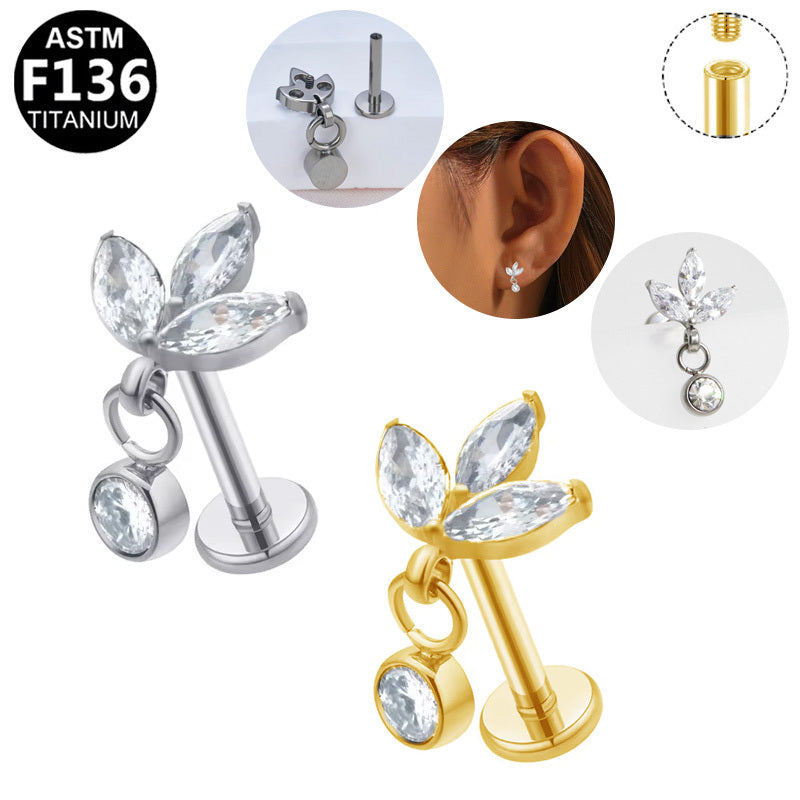 Gaby Jewelry ASTM F136 Titanium Internal Thread Labret Stud 3 Marquise CZ Leaf Dangle Round Zircon Flat Back Cartilage Earring Piercing Jewelry for Helix Tragus Lip