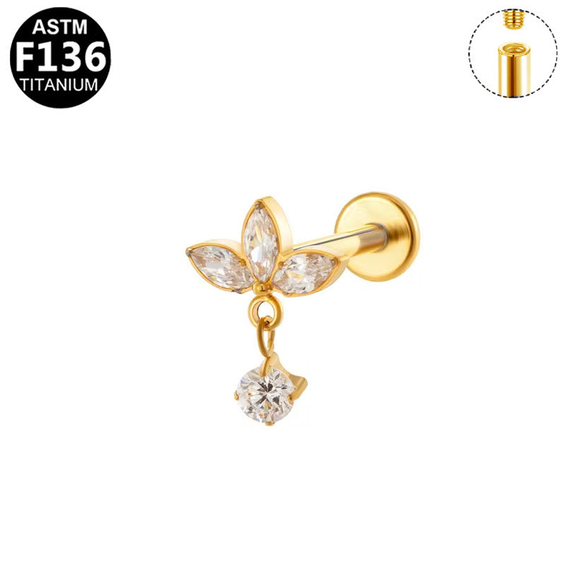 Gaby Jewelry ASTM F136 Titanium Internal Thread Labret Stud Three Marquise CZ Flower Dangle Round Zircon Flat Back Cartilage Earring Piercing Jewelry