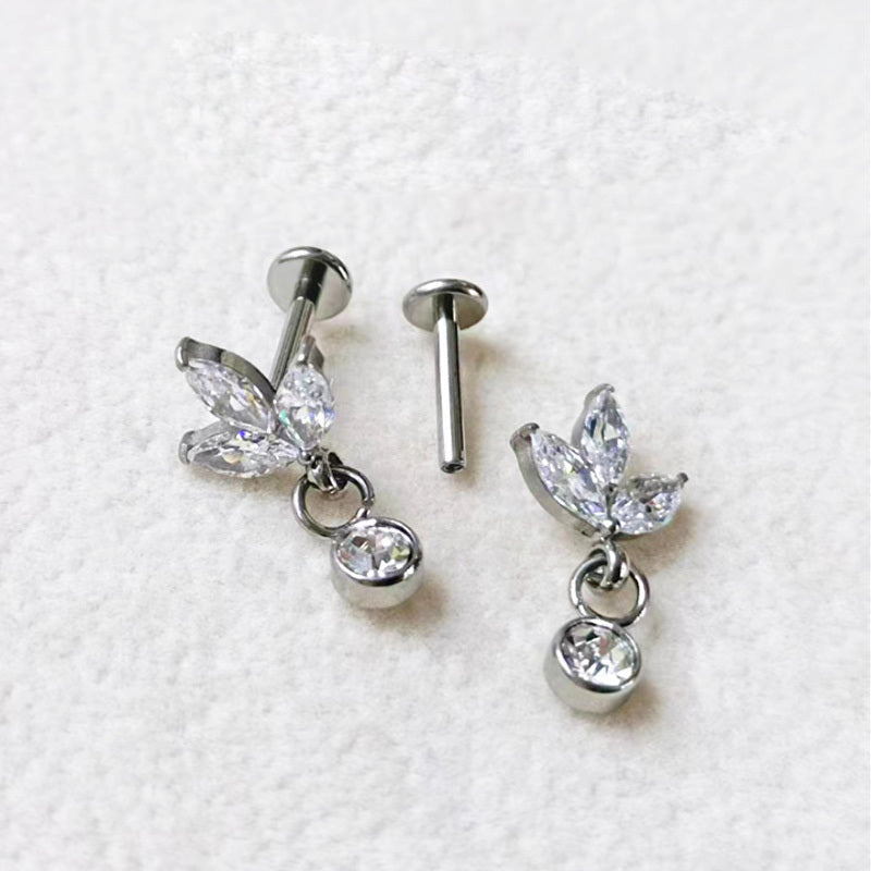 Gaby Jewelry ASTM F136 Titanium Internal Thread Labret Stud 3 Marquise CZ Leaf Dangle Round Zircon Flat Back Cartilage Earring Piercing Jewelry for Helix Tragus Lip