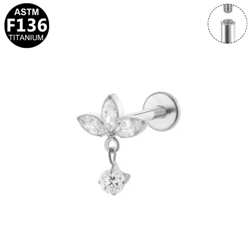 Gaby Jewelry ASTM F136 Titanium Internal Thread Labret Stud Three Marquise CZ Flower Dangle Round Zircon Flat Back Cartilage Earring Piercing Jewelry