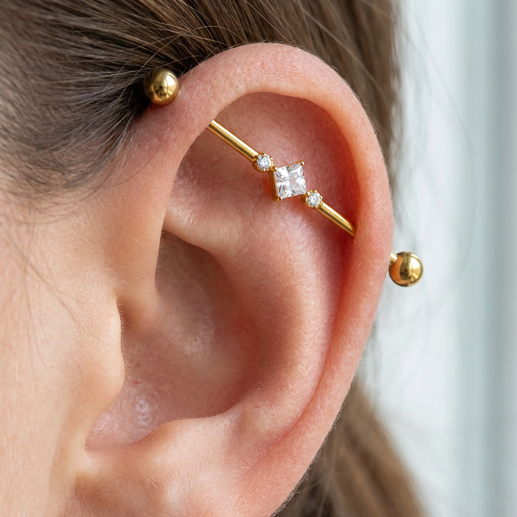 ASTM F136 Titanium 14G Industrial Barbell Geometric CZ Pave Scaffold Earring Implant Grade Cartilage Jewelry