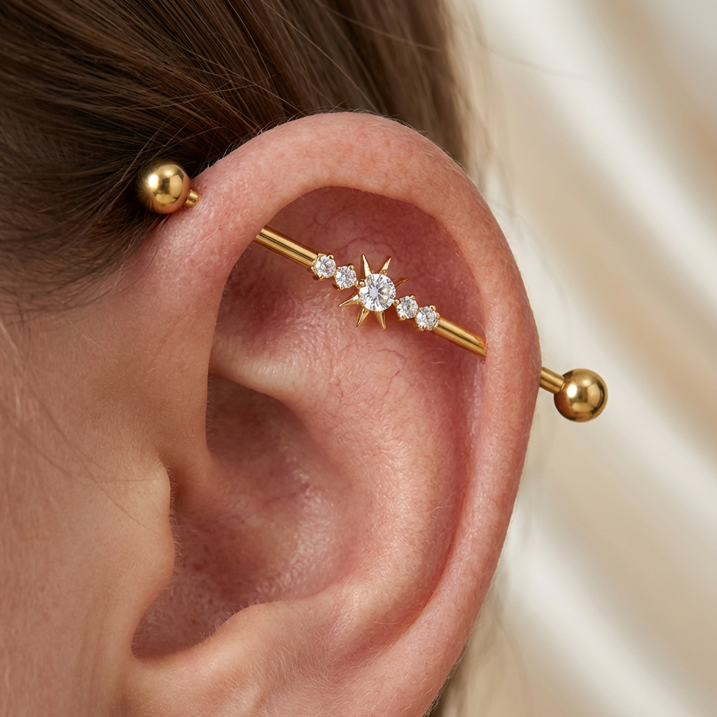 ASTM F136 Titanium 14G North Star Industrial Barbell Celestial CZ Pave Scaffold Earring Implant Grade Cartilage Jewelry