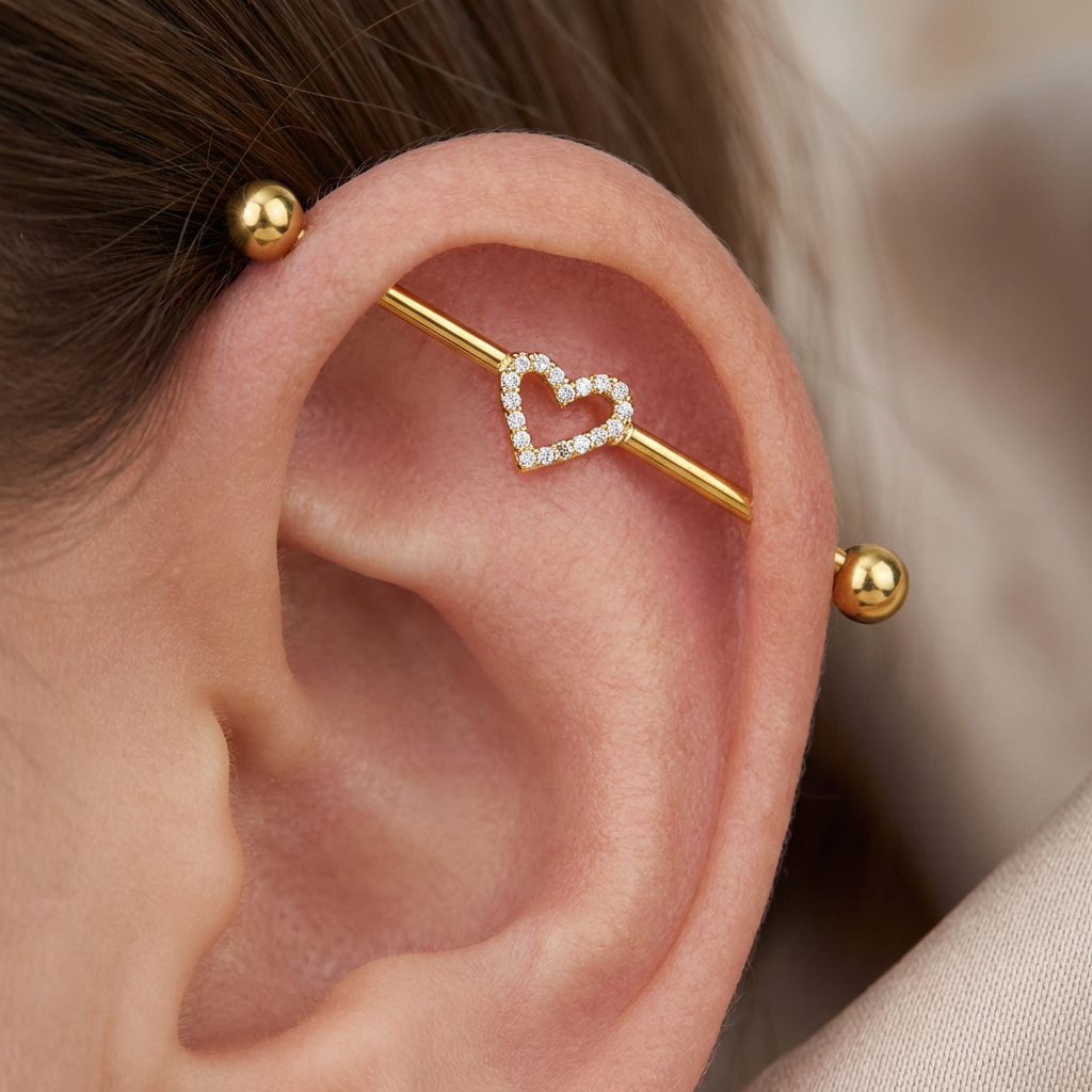 ASTM F136 Titanium 14G Pave Heart Industrial Barbell Heart Silhouette Scaffold Earring Implant Grade Jewelry