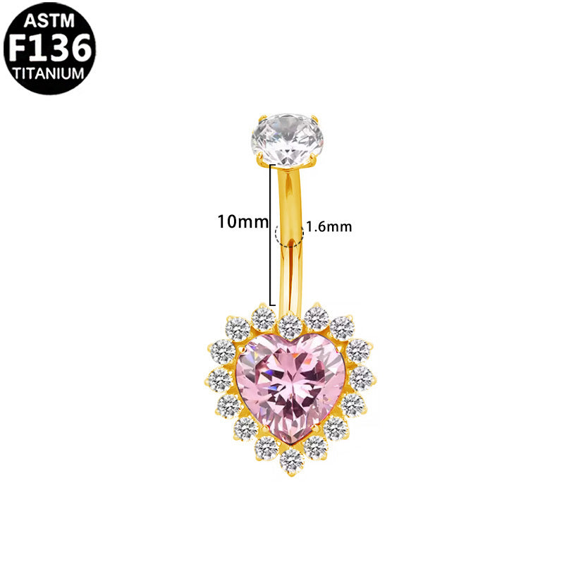 ASTM F136 Titanium 14G Pink Heart Halo CZ Internal Thread Belly Button Ring Hypoallergenic Piercing Jewelry