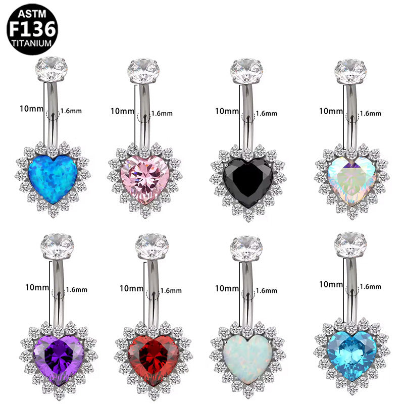 ASTM F136 Titanium 14G Pink Heart Halo CZ Internal Thread Belly Button Ring Hypoallergenic Piercing Jewelry