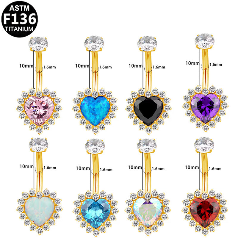 ASTM F136 Titanium 14G Pink Heart Halo CZ Internal Thread Belly Button Ring Hypoallergenic Piercing Jewelry