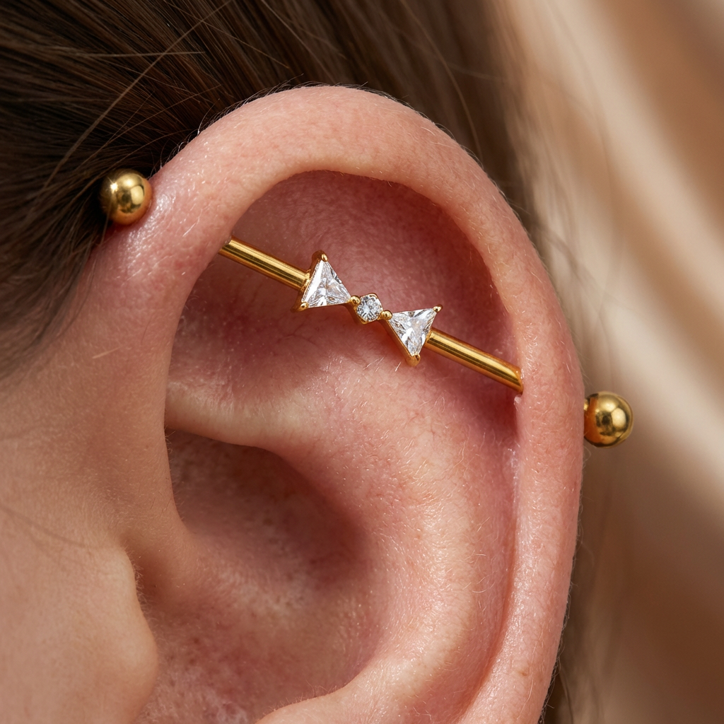 ASTM F136 Titanium 14G Triangle Bow Industrial Barbelln CZ Scaffold Earring Hypoallergenic Implant Grade Jewelry