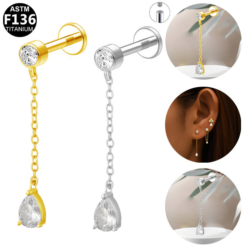 ASTM F136 Titanium 16G Internal Thread Labret Stud Round CZ Long Chains Teardrop Dangle Hypoallergenic Piercing Jewelry