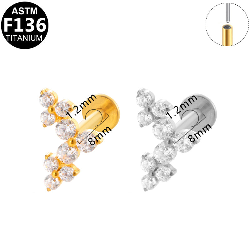 ASTM F136 Titanium 16G Three-Flower CZ Threadless Labret Hypoallergenic Piercing Jewelry
