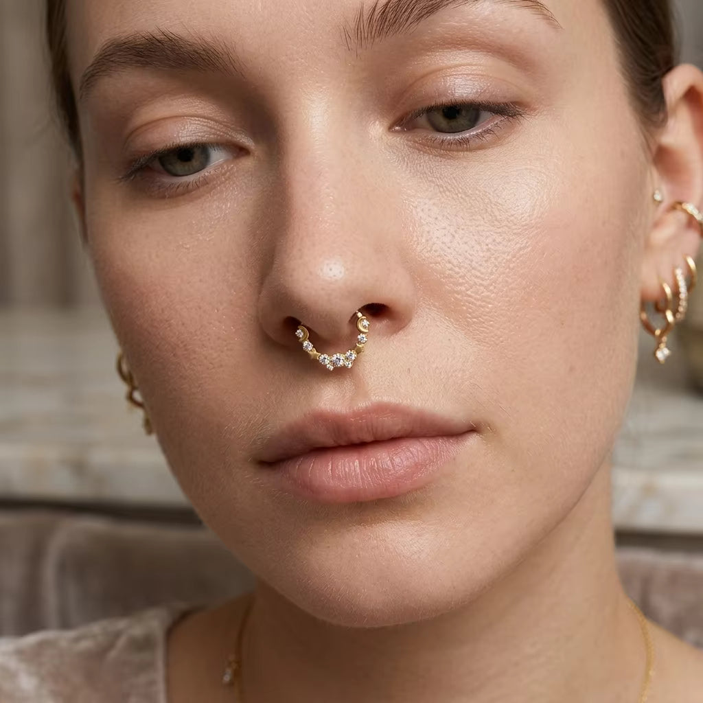ASTM F136 Titanium 16G  Celestial Moon & Star CZ Cluster Septum Daith Clicker Ring Hypoallergenic Piercing Jewelry
