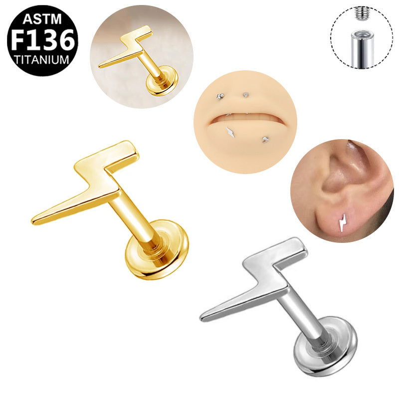 ASTM F136 Titanium 16G Lightning Bolt Internal Thread Labret Stud Flat Back CZ Hypoallergenic Piercing Jewelry