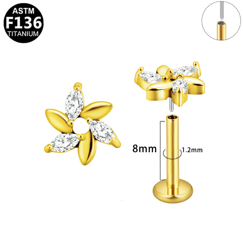 ASTM F136 Titanium 16G Marquise Pinwheel Threadless Labret CZ PiercingHypoallergenic Piercing Jewelry